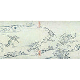 Scene from the Chōjū-jinbutsu-giga scrolls, featuring anthropomorphic frogs, rabbits, and monkeys in motion, part of Japan’s oldest manga artwork from the 12th century.
