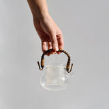 Clear glass kyusu teapot with removable infuser and rattan handle, 250ml Japanese loose leaf tea pot.