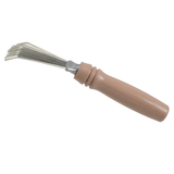 Natural Bristle Brush Cleaner, close-up of the slim metal wire bristles that lift hair from between brush bristles. 3. Natural Bristle Brush Cleaner, being drawn through the bristles of a natural hair brush to lift out trapped hair. 