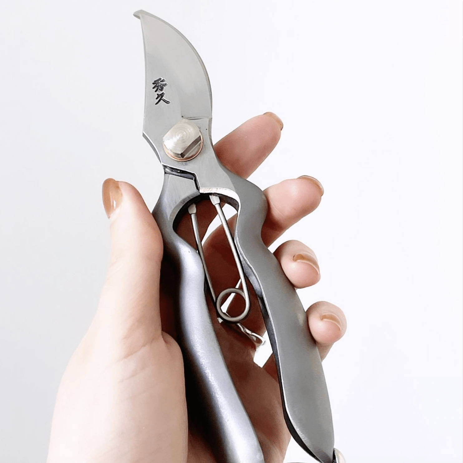 Hand holding Hidehisa stainless garden pruners – precision Japanese shears with curved blade and ergonomic grip