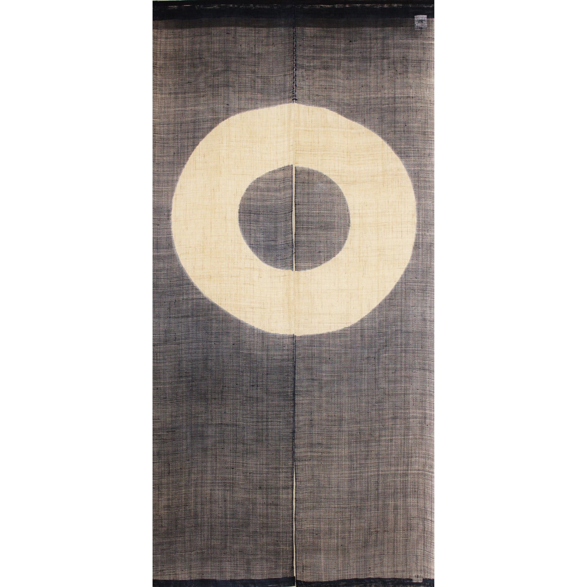 Janome noren curtain with concentric circle motif in natural and charcoal tones, traditional Japanese doorway hanging.