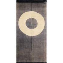 Janome noren curtain with concentric circle motif in natural and charcoal tones, traditional Japanese doorway hanging.