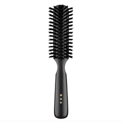 Japanese round hair brush featuring firm black natural bristles and a polished dark wood handle, crafted for smooth detangling and everyday grooming.