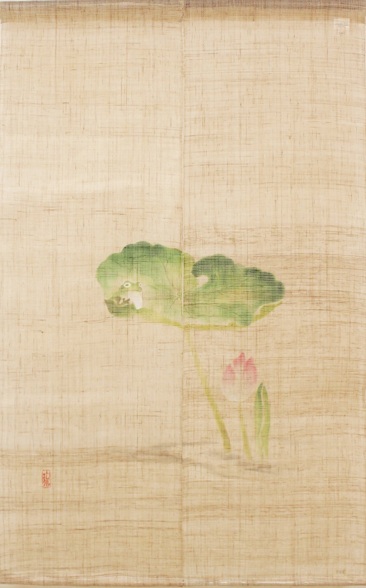 Lotus Pond noren curtain featuring a soft watercolor-style frog resting on a green lotus leaf with a pink lotus bud on natural beige fabric.