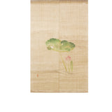 Lotus Pond noren curtain featuring a hand-painted frog on a lotus leaf with pink lotus bud on natural linen fabric.