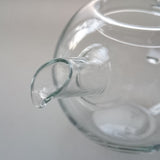 Detailed close-up of the Manmaru glass teapot spout, highlighting its elegant curved design and seamless borosilicate glass finish for smooth pouring.