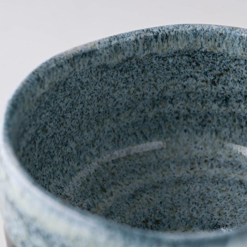 Interior close-up of the Seifu blue matcha bowl, showcasing the speckled blue and gray glaze with a soft, hand-finished texture unique to Mino ware pottery