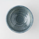 Top view of the Seifu blue matcha bowl from Mino ware, showcasing its speckled hand-glazed finish and deep, curved interior ideal for whisking matcha.