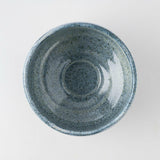 Top view of the Seifu blue matcha bowl from Mino ware, showcasing its speckled hand-glazed finish and deep, curved interior ideal for whisking matcha.