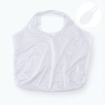 Unfolded view of the white reusable bag with a capsule icon showing storage size