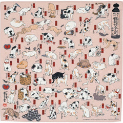 48cm furoshiki cloth with ukiyo-e cat pattern on blush pink background, inspired by the Tōkaidō 53 Stations, made in Japan.”